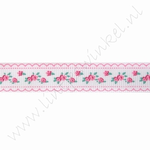 Ripsband Blumen 16mm (Rolle 22 Meter) - Rosen Borte Weiß Rosa