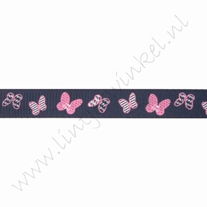 Ripsband Aufdruck 10mm (Rolle 22 Meter) - Schmetterlinge Marine Rosa