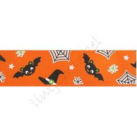 Ripsband Herbst Halloween 25mm - Fledermaus Orange Schwarz