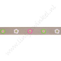 Ripsband Blumen 10mm - Taupe Weiß Pink Lime