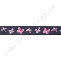 Ripsband Aufdruck 10mm - Schmetterling Marine Rosa
