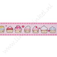 Ripsband Aufdruck 22mm - Cupcakes Kawaii Rosa Stitch