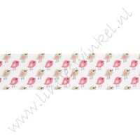 Ripsband Aufdruck 25mm - Mini Vögel Moosgrün Rosa