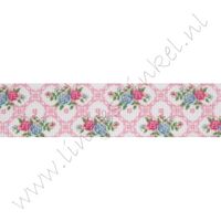 Ripsband Blumen 25mm - Rosen Karo Weiß Pink Blau