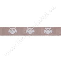 Ripsband Aufdruck 10mm -  Eule Taupe