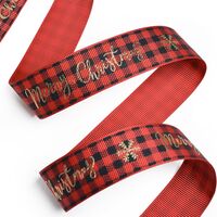 Ripsband Weihnachten 25mm - Merry Christmas Karo Rot Schwarz Gold