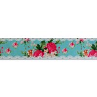 Ripsband Blumen 22mm - Rosen Borte Türkis Pink Weiß