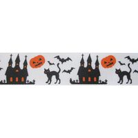 Ripsband Herbst Halloween 25mm - Halloween Geisterschloss Katze Kürbis Weiß