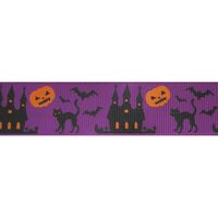 Ripsband Herbst Halloween 25mm - Halloween Geisterschloss Katze Kürbis Lila