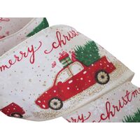 Band mit Drahtkante 63mm - Merry Christmas Truck Bus Creme Rot Gold