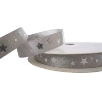 Satinband Weihnachten 10mm (Rolle 10 Meter) - Metallic Stern Silber Grau Silber Glitzer