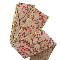 Band mit Drahtkante 38mm - Weihnachten Zweige Beeren Leinen Rot Gold (Rolle 3 Meter)