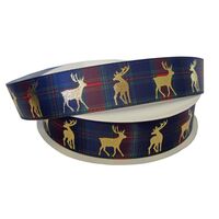 Satinband Weihnachten 16mm (Rolle 10 Meter) - Karo Tartan Dunkel Blau Marine Gold Rentier