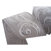 Band mit Drahtkante 63mm - Leinen Hell Grau Silber Weiß Glitzer Swirls (Rolle 3 Meter)