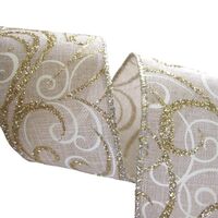 Band mit Drahtkante 50mm - Swirls Hell Braun Weiß Gold Glitzer (Rolle 3 Meter)