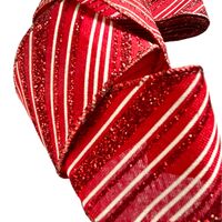 Band mit Drahtkante 63mm - Weihnachtsband Streifen Diagonal Rot Weiß Glitzer (Rolle 3 Meter)