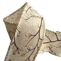 Band mit Drahtkante 38mm - Weihnachten Zweige Beeren Leinen Gold (Rolle 3 Meter)