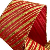 Band mit Drahtkante 50mm - Weihnachtsban Leinen Rot Gold Glitzer Streifen (Rolle 3 Meter)