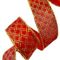 Band mit Drahtkante 38mm - Karos Rot Gold Glitzer (Rolle 3 Meter)