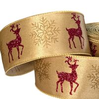 Band mit Drahtkante 63mm - Weihnachten Satinband Rentier Schneeflocke Gold Rot Glitzer (Rolle 3 Meter)