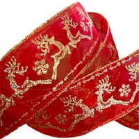 Band mit Drahtkante 63mm - Weihnachten Organza Rentiere Rot Gold Glitzer (Rolle 5 Meter)