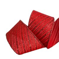 Band mit Drahtkante 63mm - Streifen Diagonal Rot Glitzer (Rolle 3 Meter)