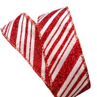 Band mit Drahtkante 63mm - Satin Diagonal Streifen Weiß Rot Glitzer (Rolle 3 Meter)