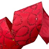 Band mit Drahtkante 63mm - Swirls Curls Wellen Rot Glitzer Konfetti (Rolle 3 Meter)