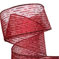 Band mit Drahtkante 63mm - Weihnachten Organza Punkte Streifen Bordeaux Rot Glitzer (Rolle 5 Meter)