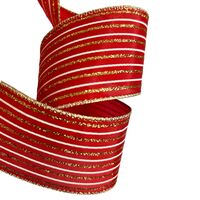 Band mit Drahtkante 63mm - Satin Streifen Rot Weiß Gold Glitzer (Rolle 3 Meter)