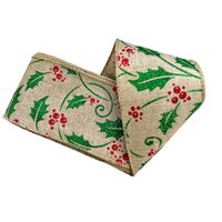 Band mit Drahtkante 63mm - Weihnachten Stechpalme Hell Braun Grün Rot Glitzer (Rolle 3 Meter)