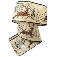 Band mit Drahtkante 63mm - Weihnachtsband Rentier Musik Noten Braun Schwarz Weiß Glitzer (Rolle 3 Meter)