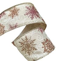 Band mit Drahtkante 63mm - Leinen Webband Schneeflocken Curls Gold Rosa Weiß Glitzer (Rolle 3 Meter)