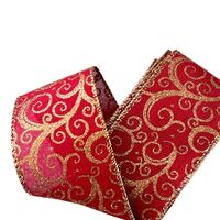 Band mit Drahtkante 63mm - Vintage Antik Curls Wellen Dunkel Roten Gold Glitzer (Rolle 3 Meter)