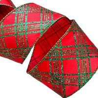 Band mit Drahtkante 63mm - Satinband Karo Rot Grün Glitzer (Rolle 3 Meter)
