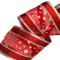 Band mit Drahtkante 63mm - Organza mit Glitzerrand Punkte Rot Silber Glitzer Glanzrand (Rolle 5 Meter)