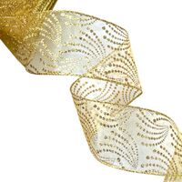 Band mit Drahtkante 63mm - Organza Punkte Wellen Gold Glitzer (Rolle 5 Meter)
