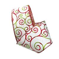 Band mit Drahtkante 63mm - Swirls Wellen Weiß Grün Rot Glanz Glitzer (Rolle 3 Meter)