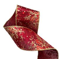 Band mit Drahtkante 63mm - Weihnachten Stechpalme Dunkel Rot Gold (Rolle 3 Meter)