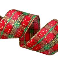 Band mit Drahtkante 63mm - Weihnachten Tartan Karo Rot Grün Gold Konfetti (Rolle 3 Meter)