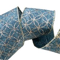 Band mit Drahtkante 63mm - Webband Jeans Leinen Stern Blumen Blau Silber Gold Glitzer (Rolle 3 Meter)