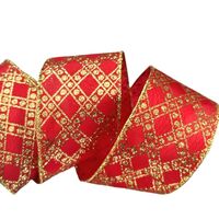 Band mit Drahtkante 63mm - Satinband Punkte Karo Rot Gold Glitzer (Rol van 3 Meter)