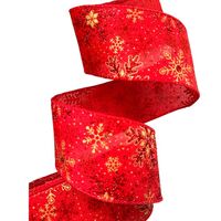 Band mit Drahtkante 63mm - Weihnachten Schneeflocken Rot Gold Glitzer (Rolle 3 Meter)