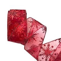 Band mit Drahtkante 63mm - Organza Schneeflocken Bordeaux Rot Dunkel Rot Glitzer (Rolle 5 Meter)