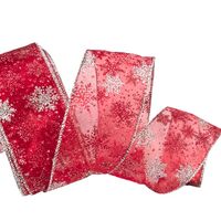 Band mit Drahtkante 63mm - Organza Schneeflocken Rot Silber Glitzer (Rolle 5 Meter)
