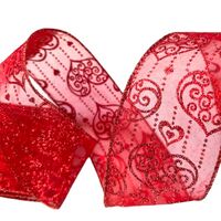 Band mit Drahtkante 63mm - Organza Valentin Herzen Kette Curls Rot Glitzer (Rolle 5 Meter)