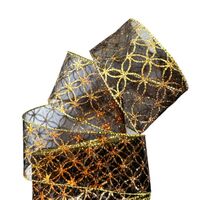 Band mit Drahtkante 63mm - Organza Sterne Blumen Schwarz Kupfer Gold (Rolle 5 Meter)