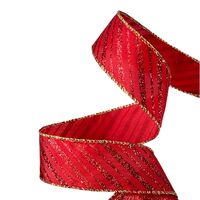 Band mit Drahtkante 38mm - Weihnachten Streifen Diagonal Rot Gold Glitzerrand (Rolle 3 Meter)