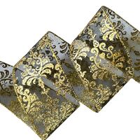 Band mit Drahtkante 63mm - Organza Antik Vintage Blumen Schwarz Gold Glitzer (Rolle 5 Meter)