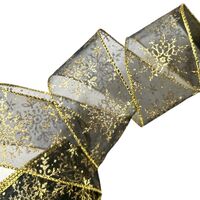 Band mit Drahtkante 63mm - Organza Schneeflocken Schwarz Gold Glitzer (Rolle 5 Meter)